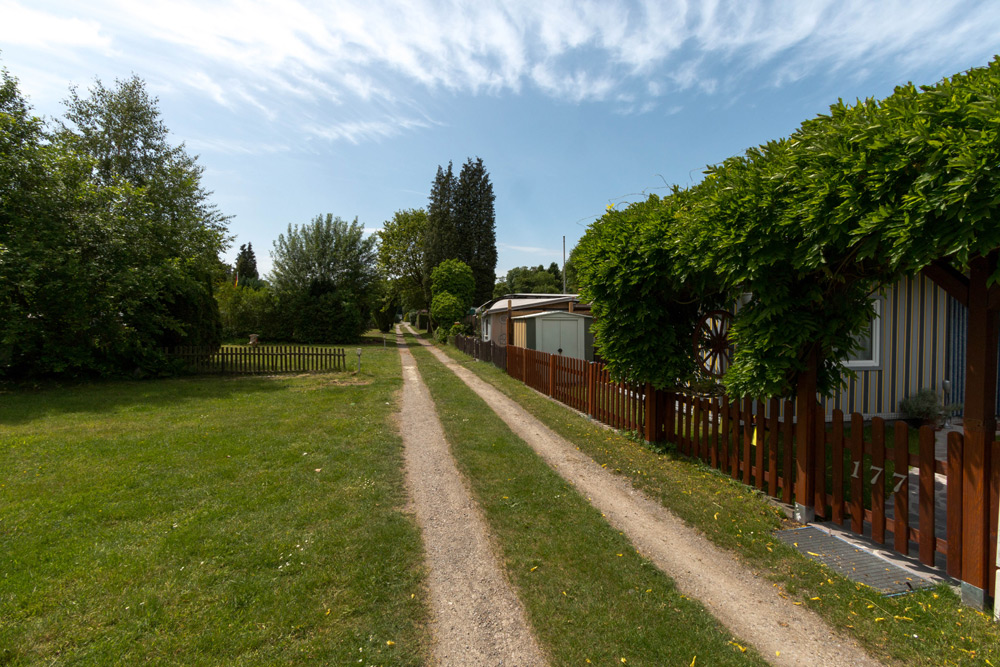 Eine schmale unbefestigte Straße verläuft zwischen einem grasbewachsenen Feld und Häusern mit Holzzäunen unter einem teilweise bewölkten Himmel.