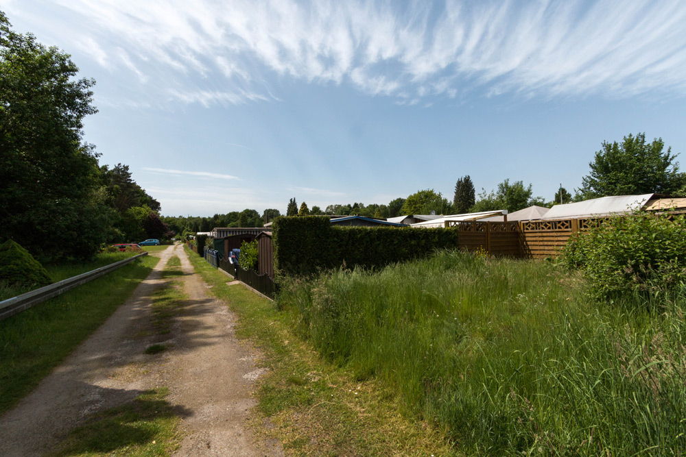 Eine schmale unbefestigte Straße führt an eingezäunten Gärten und hohem Gras vorbei, unter einem teilweise bewölkten blauen Himmel, mit Bäumen und geparkten Autos in der Ferne.