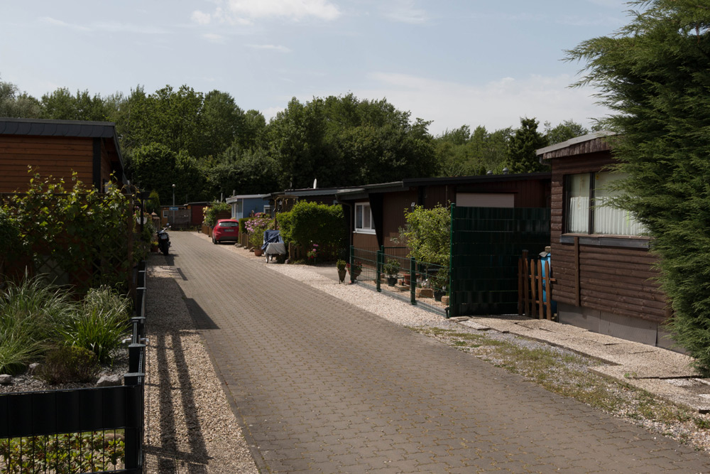 Eine gepflasterte Straße verläuft zwischen Reihen von kleinen, braunen, einstöckigen Häusern mit Grünpflanzen und parkenden Autos an den Seiten.
